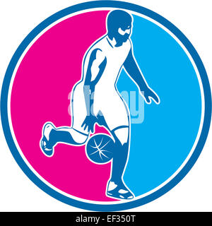 Illustration of a basketball player dribbling ball facing side set inside circle done in retro style. Stock Photo