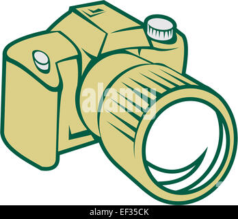 Illustration of a camera dslr facing front set on isolated white background done in retro style. Stock Photo