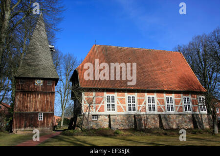 The Protestant Church of St. Stephen is located in the center of the village of Egestorf in the field of Lueneburg Heath. It is a historic half-timbered church. Photo: Klaus Nowottnick Date: March 9, 2014 Stock Photo