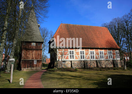 The Protestant Church of St. Stephen is located in the center of the village of Egestorf in the field of Lueneburg Heath. It is a historic half-timbered church. Photo: Klaus Nowottnick Date: March 9, 2014 Stock Photo