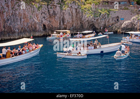 View at people on boats outside the blue grotto, Capri, Italy, Europe Stock Photo