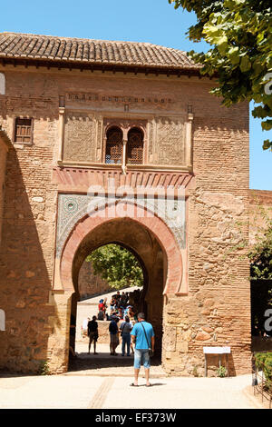 Granada, Spain - August 14, 2011: Wine Gate (Puerta del Vino), that leads to the Alcazaba at the Alhambra Stock Photo