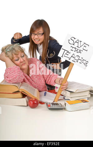 Student laughing at sleeping teacher Stock Photo