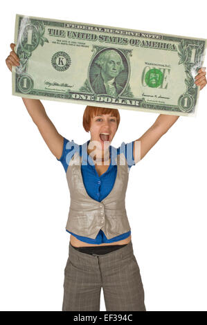 Woman holding oversized dollar bill Stock Photo