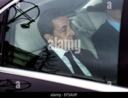 Berlin, Germany. 26th Jan, 2015. Former French President Nicolas Sarkozy arrives at the underground parking lot of the CDU party headquarters before a talk with German Chancellor and CDU party chairwoman Angela Merkel in Berlin, Germany, 26 January 2015. Sarkozy was elected chairman of the French conservative party UMP in November 2014. The UMP is, like the CDU, a full member of the European People's Party (EPP). PHOTO: BERND VON JUTRCZENKA/dpa/Alamy Live News