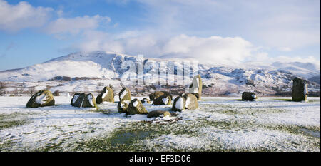 Castlerigg stone circle in front of Helvellyn mountain range in the winter snow. Lake District, Cumbria, England. Panoramic Stock Photo