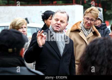 Norwegian parliament head Olemic Thommessen (centre), who is visiting the Czech Republic, declined to comment on the case of two sons taken from their Czech parents in 2011 by the Norwegian child welfare service. Thommessen said that this problem should be solved with the Foreign Ministry in Steti, Czech Republic, January 26, 2015 where he visits a press conference focusing on social exclusion and Government agency for social inclusion. Pictured right is the Norwegian ambassador to the Czech Republic Siri Ellen Sletner. (CTK Photo/Ondrej Hajek) Stock Photo