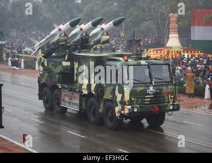 New Delhi, India. 26th Jan, 2015. A vehicle carrying Akash rockets (Army Version) moves on the historic Rajpath during the 66th Republic Day parade in New Delhi, India, Jan. 26, 2015. Republic Day marks the anniversary of India's democratic constitution taking force in 1950. © Partha Sarkar/Xinhua/Alamy Live News