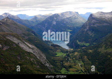 view of Geiranger town and Geirangerfjord, UNESCO World Heritage Site, Sunnmøre region, Møre og Romsdal county, Western Norway, Stock Photo