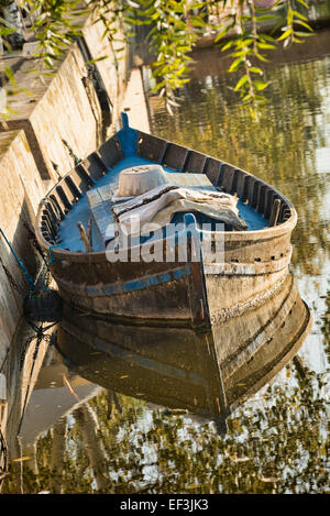 Traditional fishing boats in a small canal, Albufera, Valencia, Spain Stock Photo