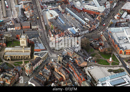 aerial view of Wigan town centre including Parish Church and Wallgate, Lancashire, UK Stock Photo