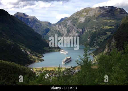 Cruise ships in Geirangerfjord, Geiranger town, UNESCO World Heritage Site, Sunnmøre region, Møre og Romsdal county, Norway Stock Photo