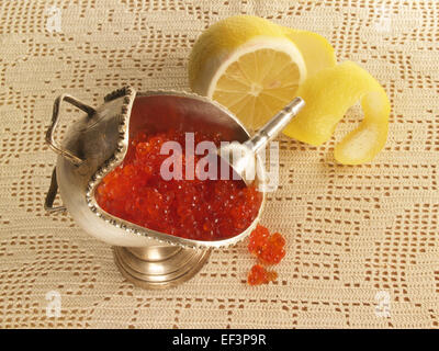 red caviar in a silver pot Stock Photo