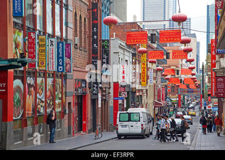 Shop signs and restaurants in Australia's Chinatown in Little Bourke Street at the Melbourne city centre, Victoria, Australia Stock Photo