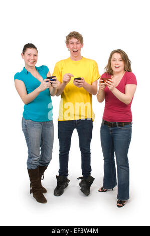 Three friends texting Stock Photo