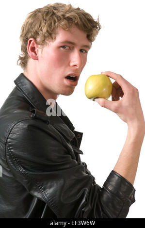 Man about to eat an apple Stock Photo