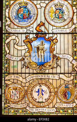 Stained glass window inscribed Great Seal of the Commonwealth on Grand Staircase, Massachusetts State House, Boston, USA Stock Photo