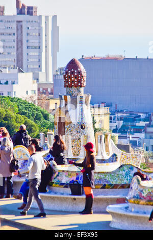 Bench. Park Guell by Antoni Gaudi. Barcelona, Catalonia, Spain. Stock Photo