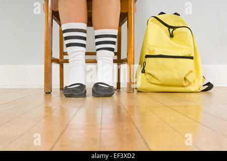 Closeup student chair seat and desk in classroom background with on wooden  floor. Education and Back to school concept. Architecture interior. Social  Stock Photo - Alamy