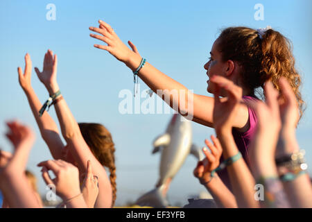 BENICASSIM, SPAIN - JULY 20: Young woman from the crowd cheering at FIB Festival on July 20, 2014 in Benicassim, Spain. Stock Photo