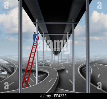 Successful person concept on a success path business symbol as a businessman climbing a red ladder out of confused tangled roads to a straight easy way bridge.