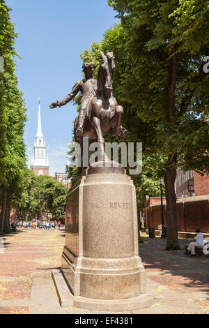 Statue of Paul Revere, Old North Church behind, North End, Paul Revere Mall, Boston, Massachusetts, USA Stock Photo