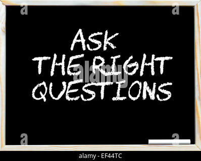 Ask the right questions, vintage chalk text on blackboard, white piece of chalk in the corner, Business Vision conceptual image Stock Photo