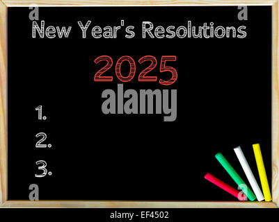 New Years Resolutions 2025, vintage chalk text on blackboard, colored chalk in the corner, Business Vision conceptual image Stock Photo