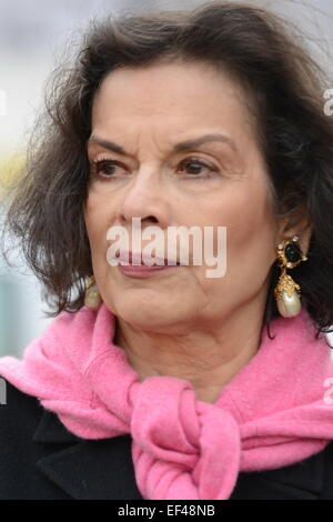 London,UK, 26th January 2015 : Bianca Jagger speaks at an anti-fracking demonstration outside parliament on the day MPs vote on a proposal to ban the controversial practice of fracking. Credit:  See Li/Alamy Live News Stock Photo