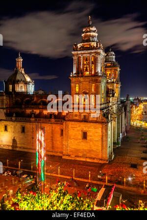 Metropolitan Cathedral and President's Palace in Zocalo, Center of Mexico City, at Night Stock Photo