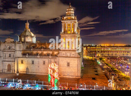 Metropolitan Cathedral and President's Palace in Zocalo, Center of Mexico City, at Night Stock Photo