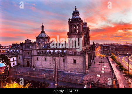 Metropolitan Cathedral and President's Palace in Zocalo, Center of Mexico City Mexico Sunrise Stock Photo