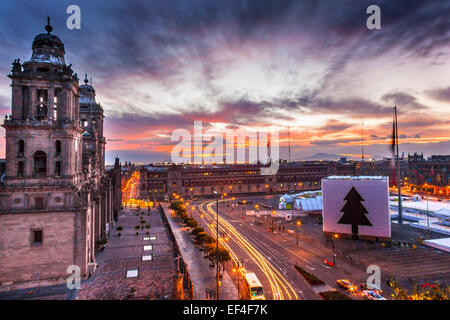 Metropolitan Cathedral and President's Palace in Zocalo, Center of Mexico City Mexico Christmas Sunrise Stock Photo