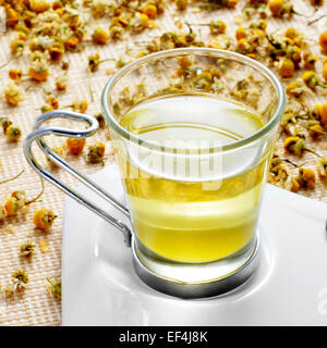 closeup of a glass cup with chamomile tea and a pile of dried chamomile flowers Stock Photo