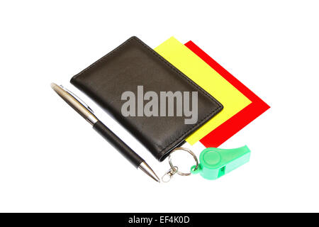 green plastic whistle and red card on white background Stock Photo