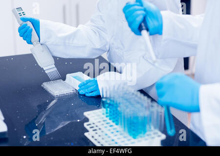 Science students using pipettes to fill test tubes Stock Photo