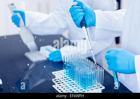 Science students using pipettes to fill test tubes Stock Photo