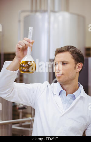 Focused scientist looking beaker with beer Stock Photo