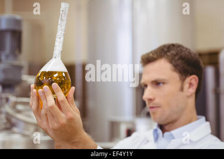 Focused scientist looking beaker with beer Stock Photo