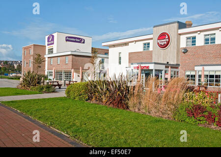 Brewers Fayre and Premier Inns hotel and restaurant complex, Barry Docks re-development, Barry, Vale of Glamorgan, Wales Stock Photo