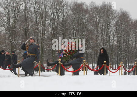 (150127) -- ST. PETERSBURG, Jan. 27, 2015 (Xinhua) -- Valentina Matviyenko (1st R), chairwoman of the Federation Council of the Russian Federation, attends a ceremony to mark the 71st anniversary of the end of the Leningrad Blockade at the Piskaryovskoye Memorial Cemetery in St. Petersburg, Russia, Jan. 27, 2015. Leningrad, known as St. Petersburg today, was sieged by the Nazis in September 1941. The city struggled for nearly 900 days thereafter and lifted the Nazis' blockade on Jan. 27, 1944. The siege had led to the death of more than 600,000 Soviet civilians and servicemen. (Xinhua/Lu Jinbo Stock Photo