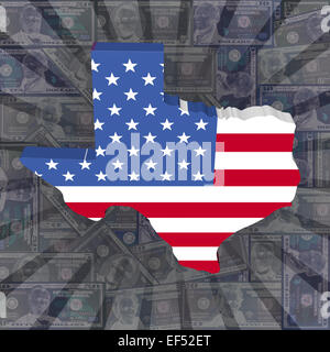 Texas map flag on dollars sunburst illustration Stock Photo