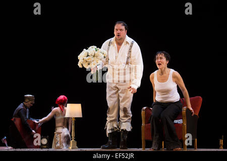 Anton Chekhov's play 'Uncle Vanya' was successfully staged at the renowned Deutsches Schauspielhaus, Hamburg on January 17, 2015, with the title role played by Charly Hübner. Other actors: Lina Beckmann, Anja Lais, Paul Herwig and Oliver Nägele Stock Photo