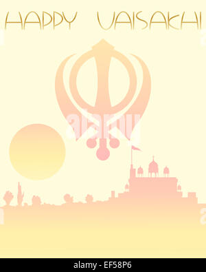 an illustration of a festive Vaisakhi greeting card with sunset gurdwara on a lemon background Stock Photo