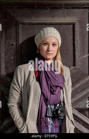 Portrait of young woman with knit hat Stock Photo