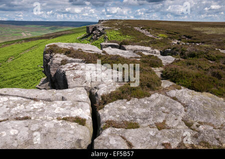 The Northern end of Stanage edge in the Peak District. A gritstone escarpment popular with walkers and rock climbers. Stock Photo