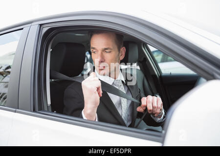 Businessman putting on his seat belt Stock Photo