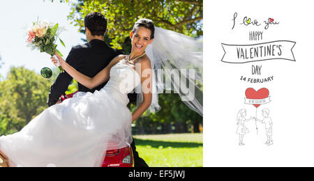 Composite image of newlywed couple sitting on scooter in park Stock Photo