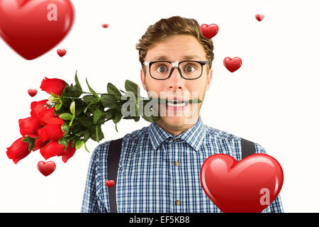 Composite image of geeky hipster biting a bunch of roses Stock Photo