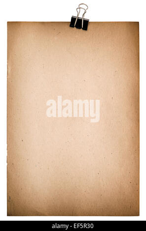 Old paper sheet with metal clip. Grungy textured cardboard isolated on white background Stock Photo